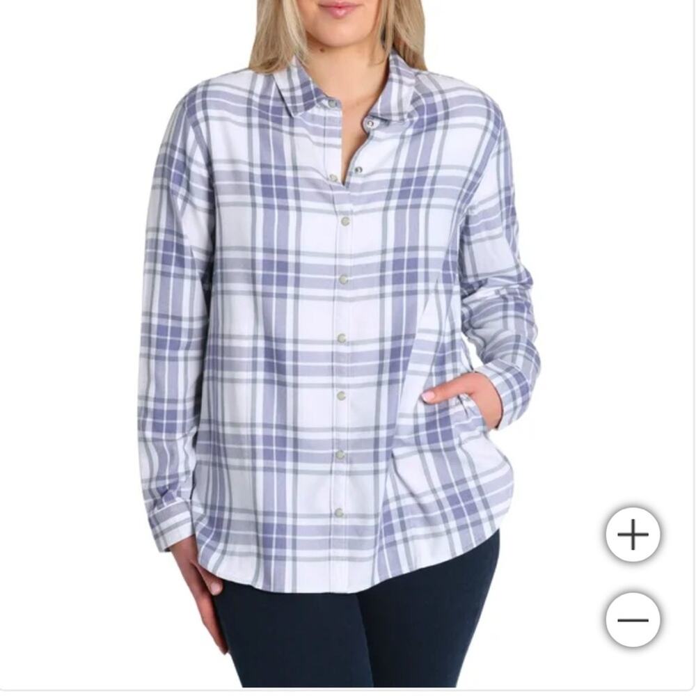 Jachs Girlfriend Flannel Plaid Shirt Tunic Nwt white Blue XL